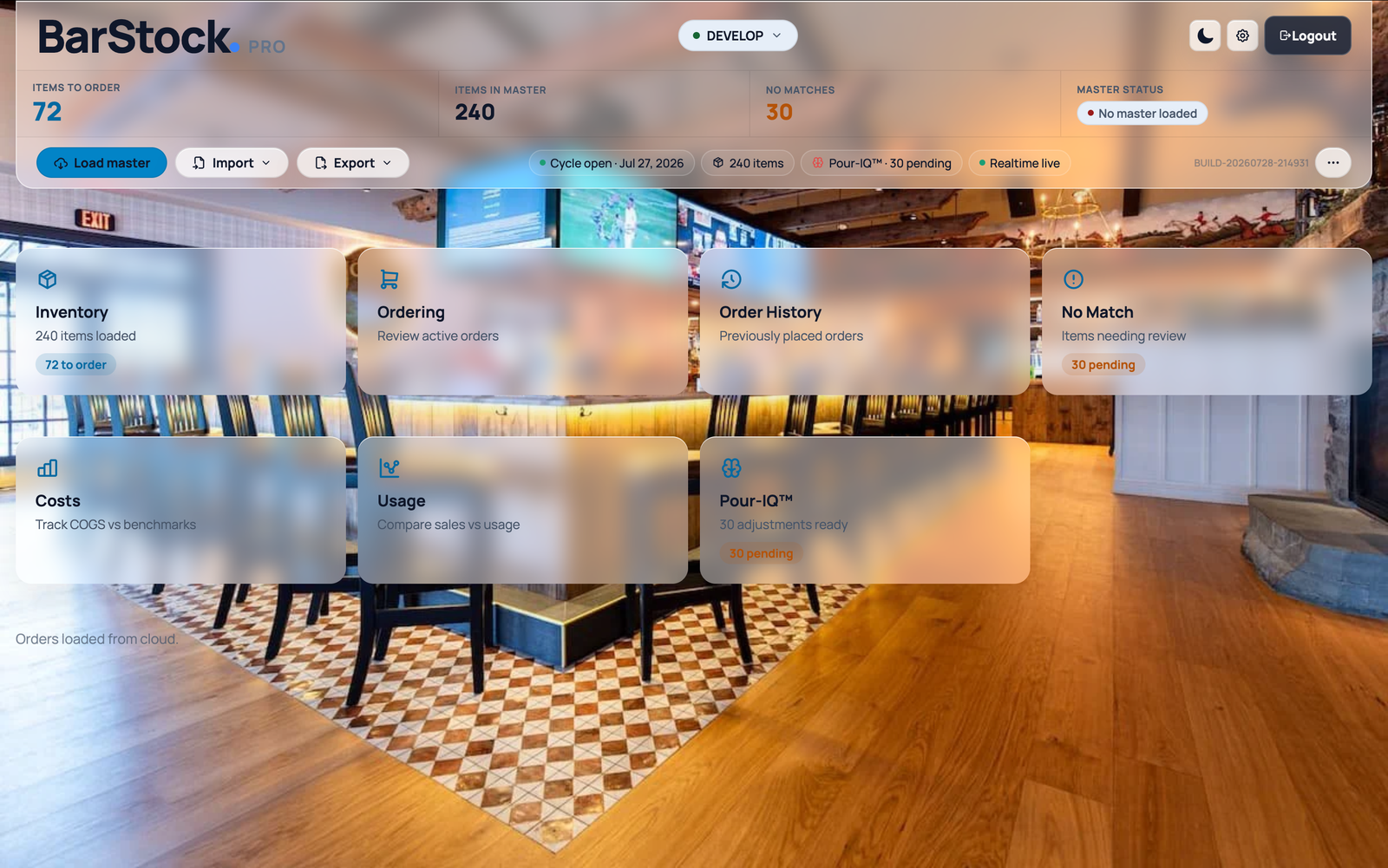 BarStock Pro — home dashboard