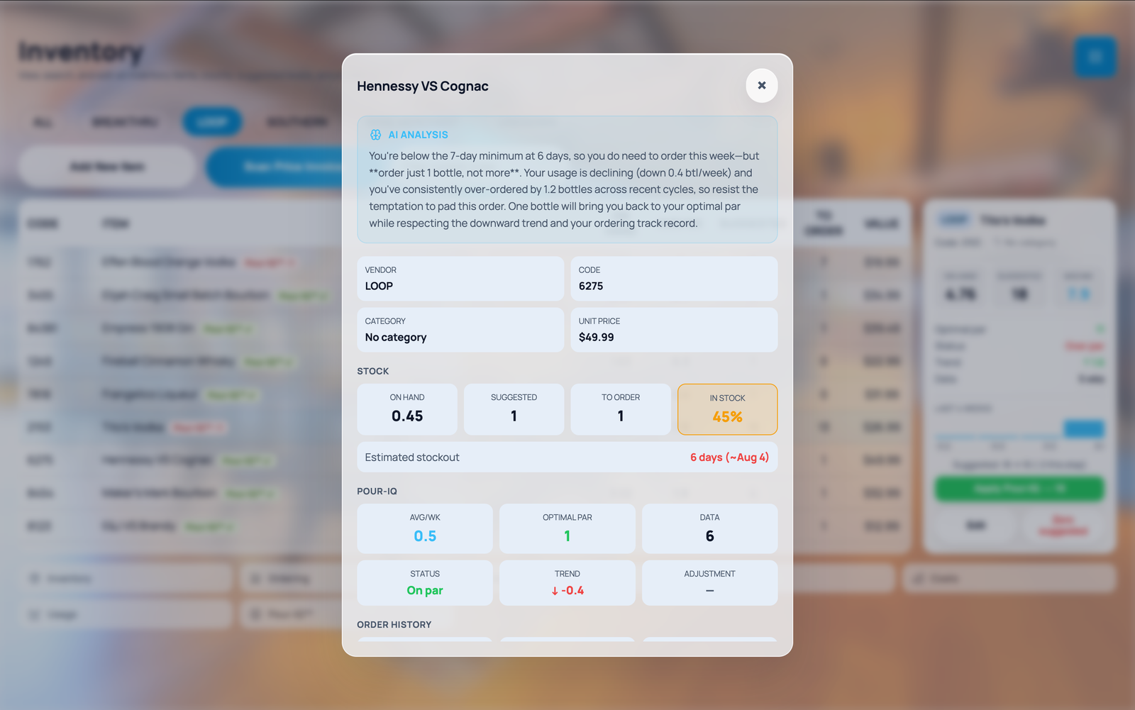 BarStock Pro item detail — usage trend, stockout forecast, and AI analysis