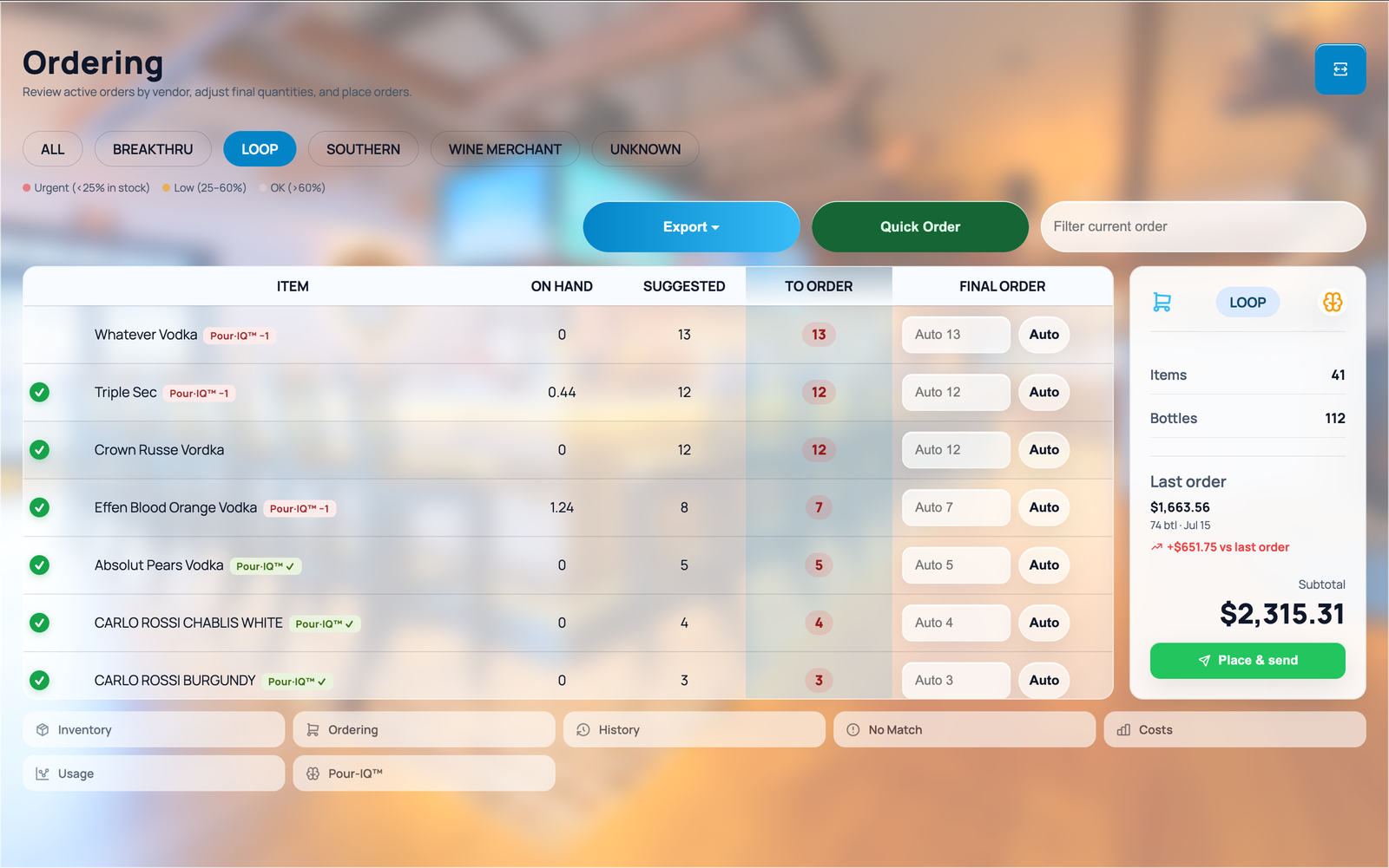 BarStock Pro ordering — auto-calculated final orders by vendor