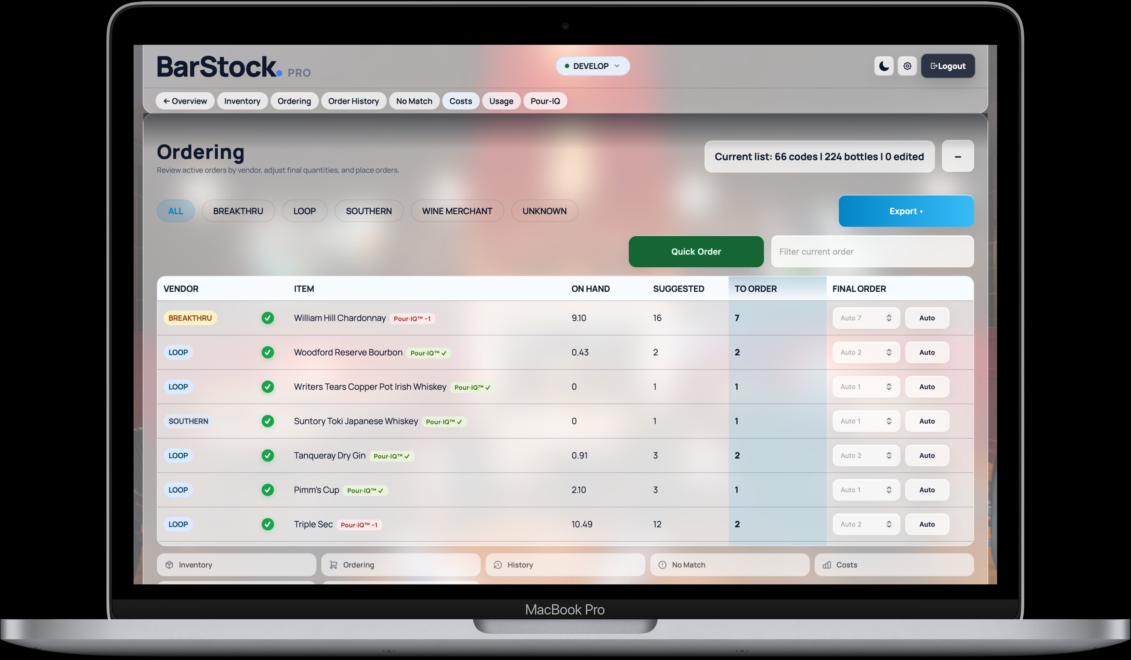 Ordering interface