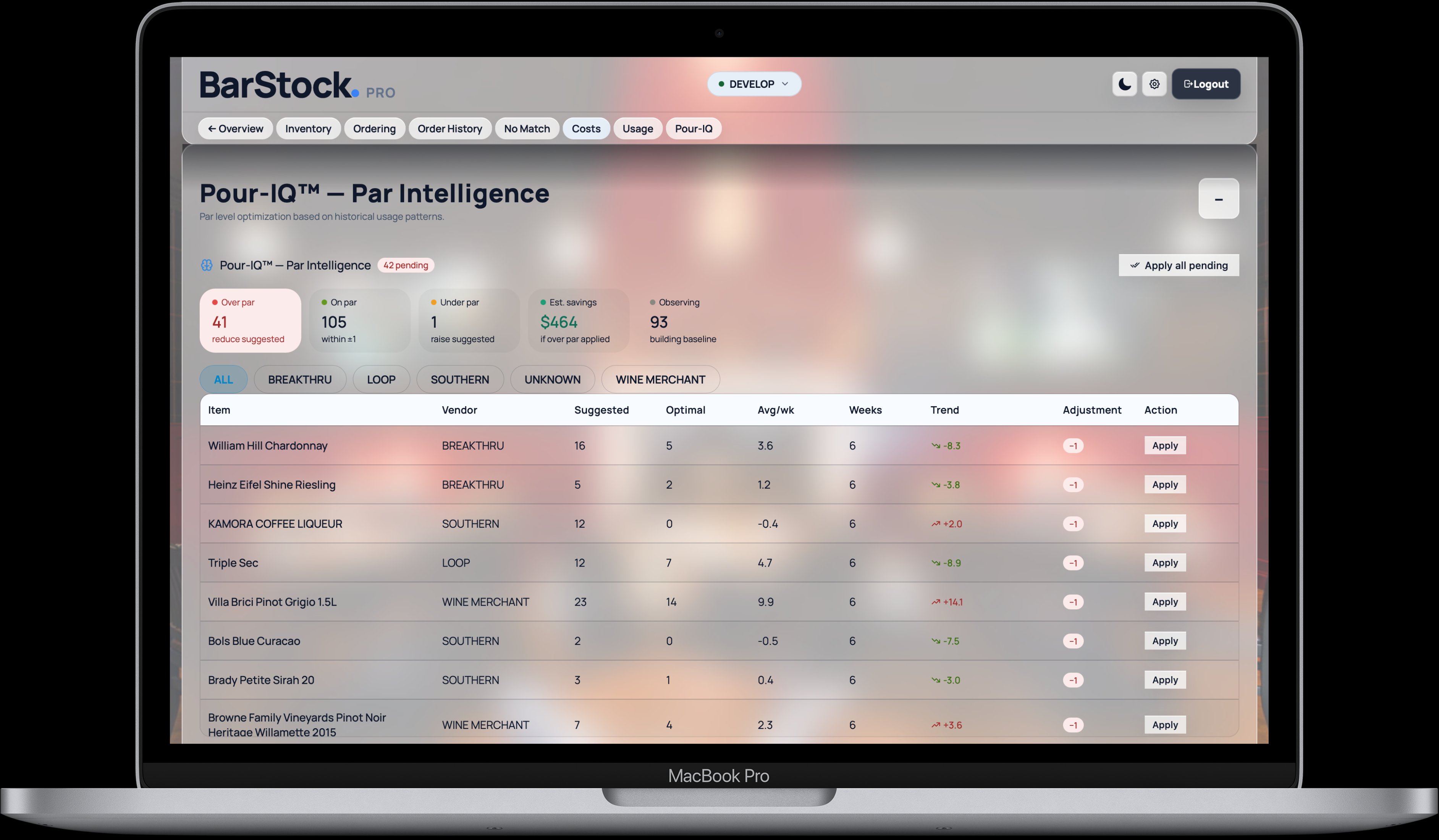 BarStock Pro — Pour-IQ interface